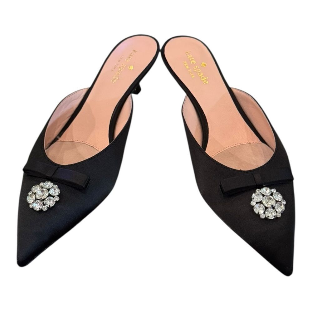 Kate Spade Women's Darlene Black Satin Jewelled Bow Kitten Heel Slide Mules 7.5 - Picture 4 of 8